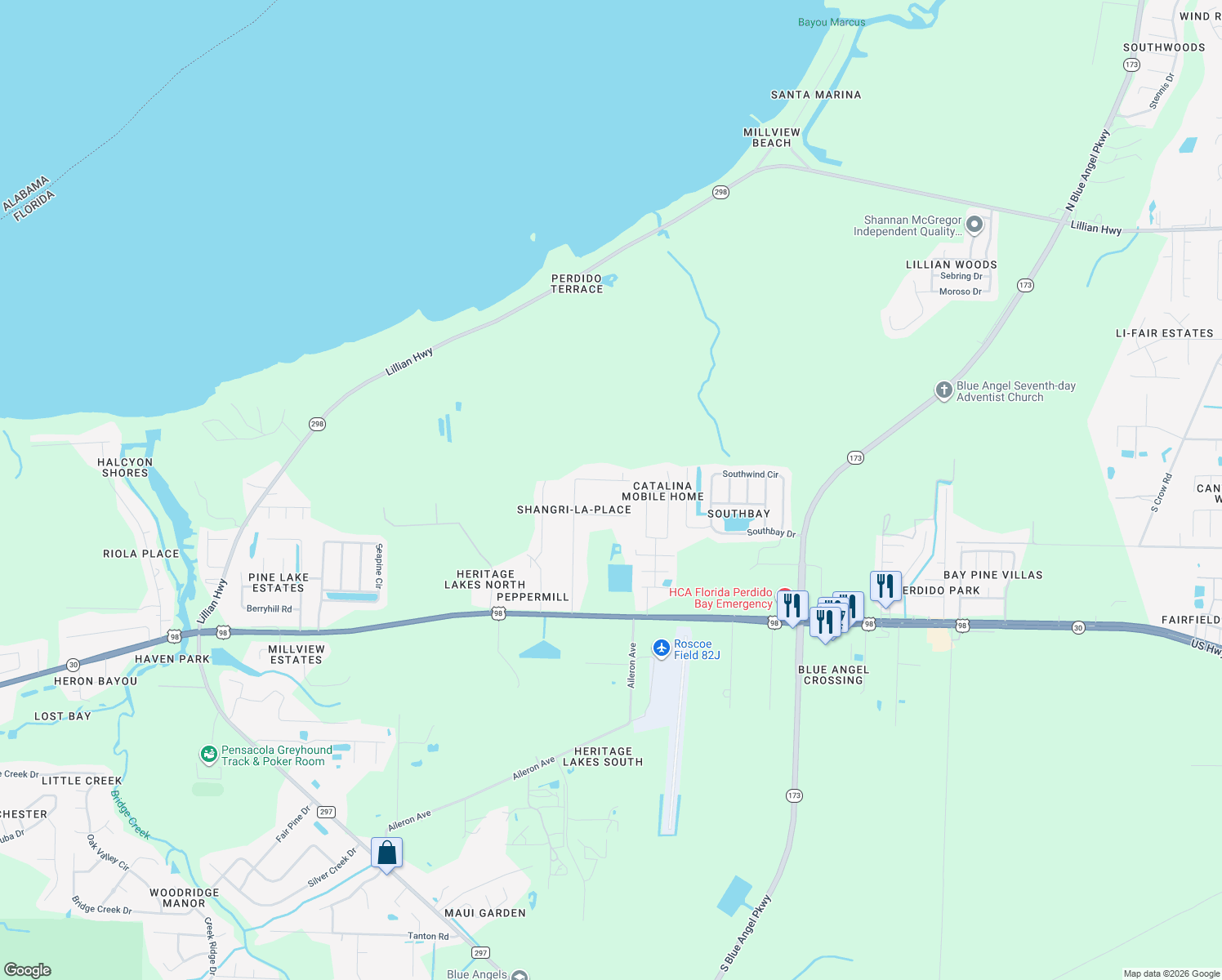 map of restaurants, bars, coffee shops, grocery stores, and more near 9819 Loquat Drive in Pensacola