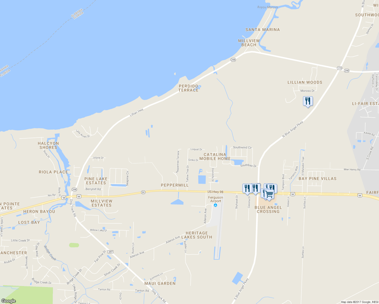 map of restaurants, bars, coffee shops, grocery stores, and more near 9849 Loquat Drive in Pensacola