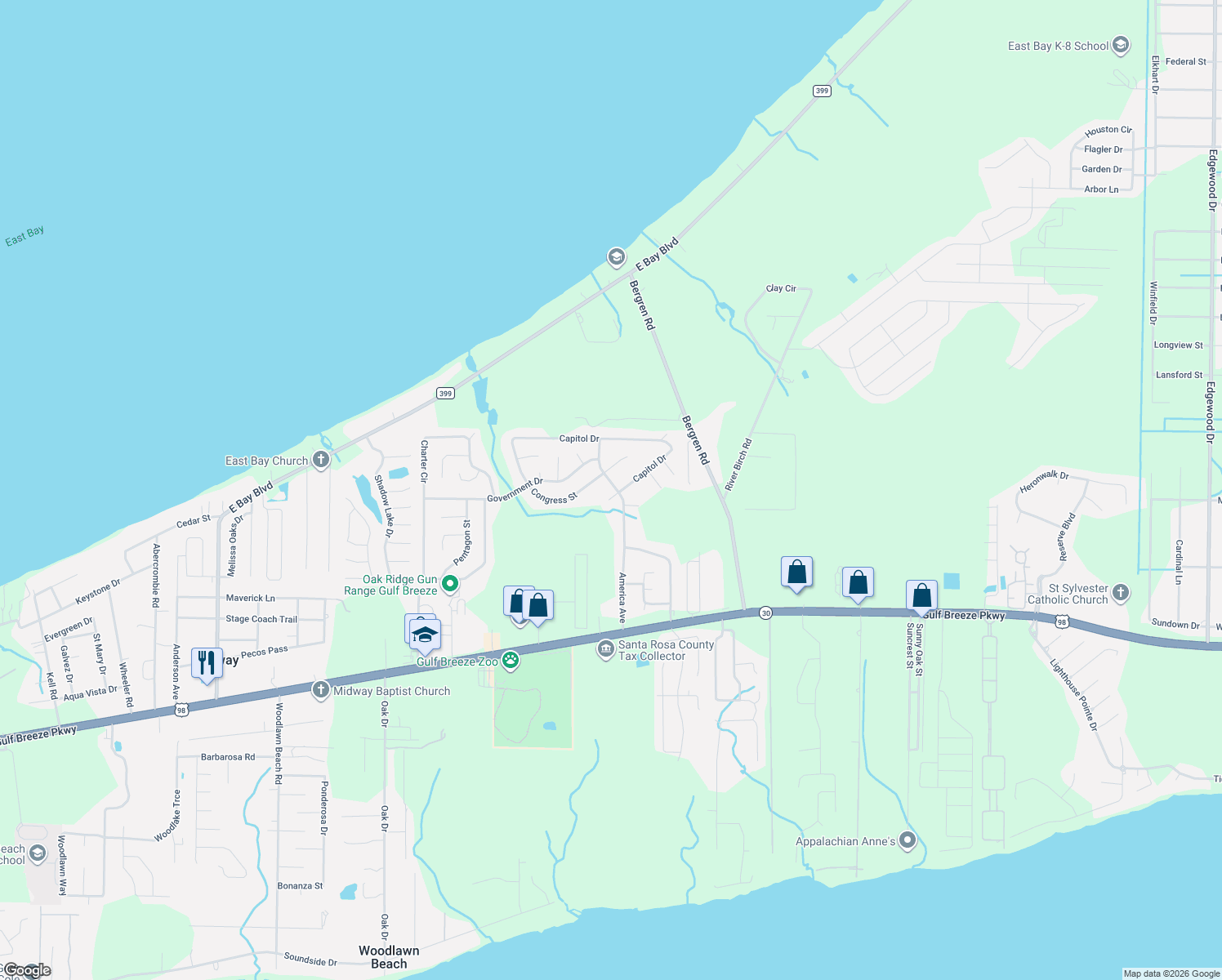 map of restaurants, bars, coffee shops, grocery stores, and more near 5872 Senate Court in Gulf Breeze