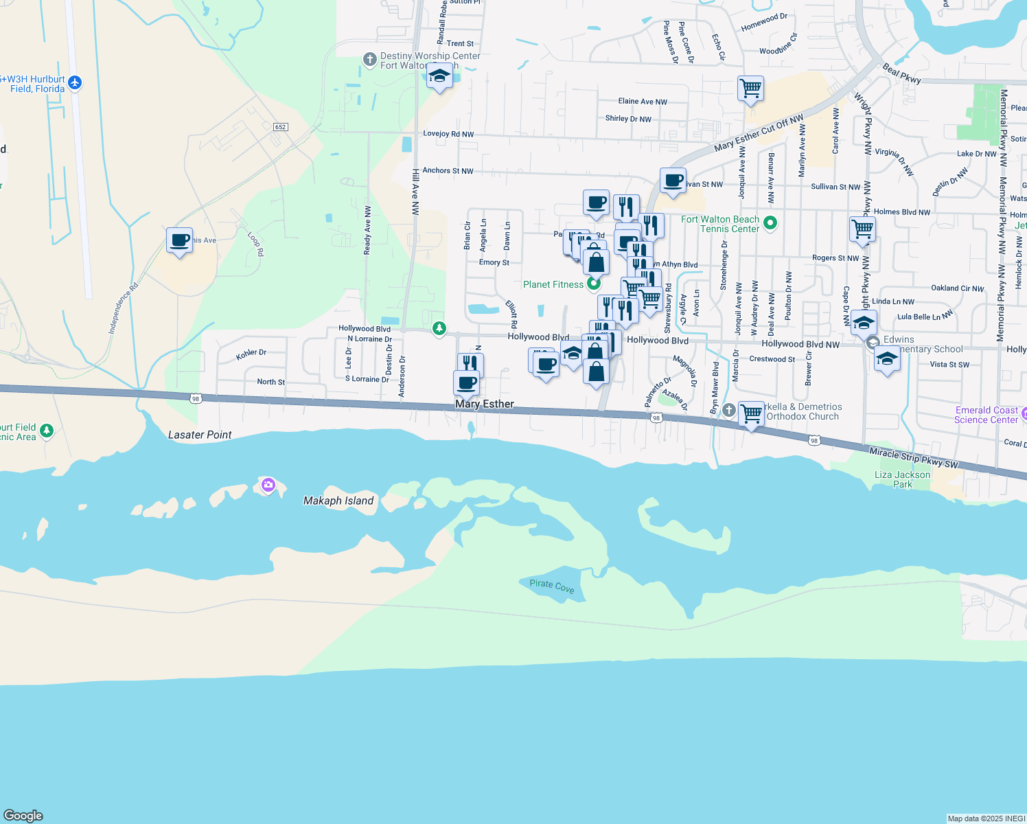 map of restaurants, bars, coffee shops, grocery stores, and more near 191 Miracle Strip Parkway in Mary Esther