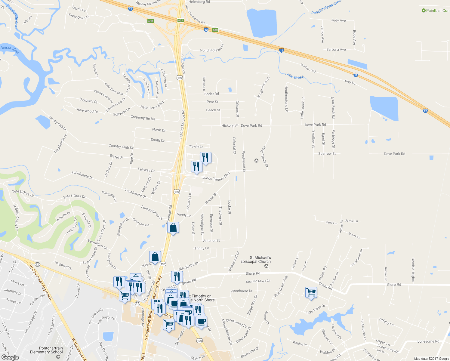 map of restaurants, bars, coffee shops, grocery stores, and more near 19365 Hector Street in Mandeville