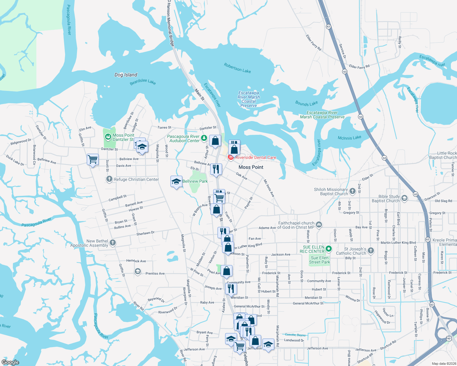 map of restaurants, bars, coffee shops, grocery stores, and more near 4400 Welch Ave in Moss Point
