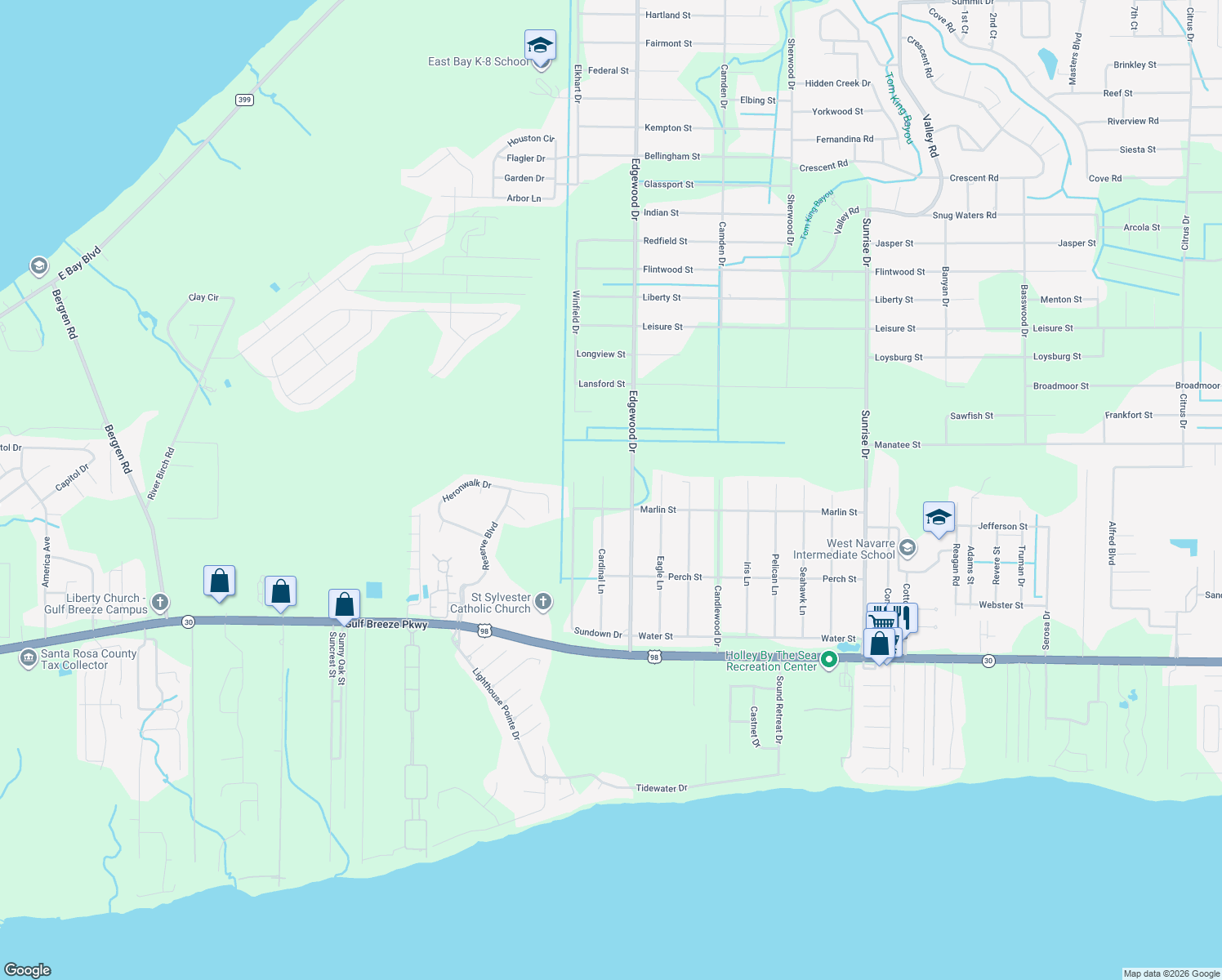 map of restaurants, bars, coffee shops, grocery stores, and more near 2006 Cardinal Lane in Navarre
