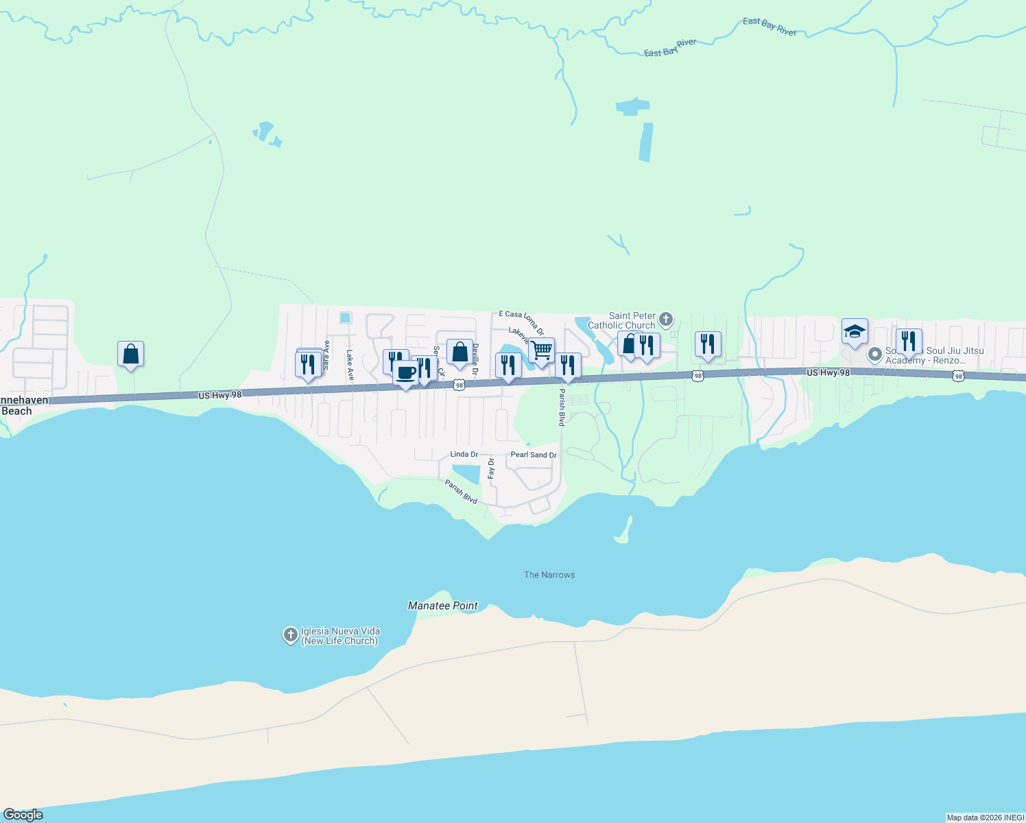map of restaurants, bars, coffee shops, grocery stores, and more near 74 Stowe Road in Mary Esther