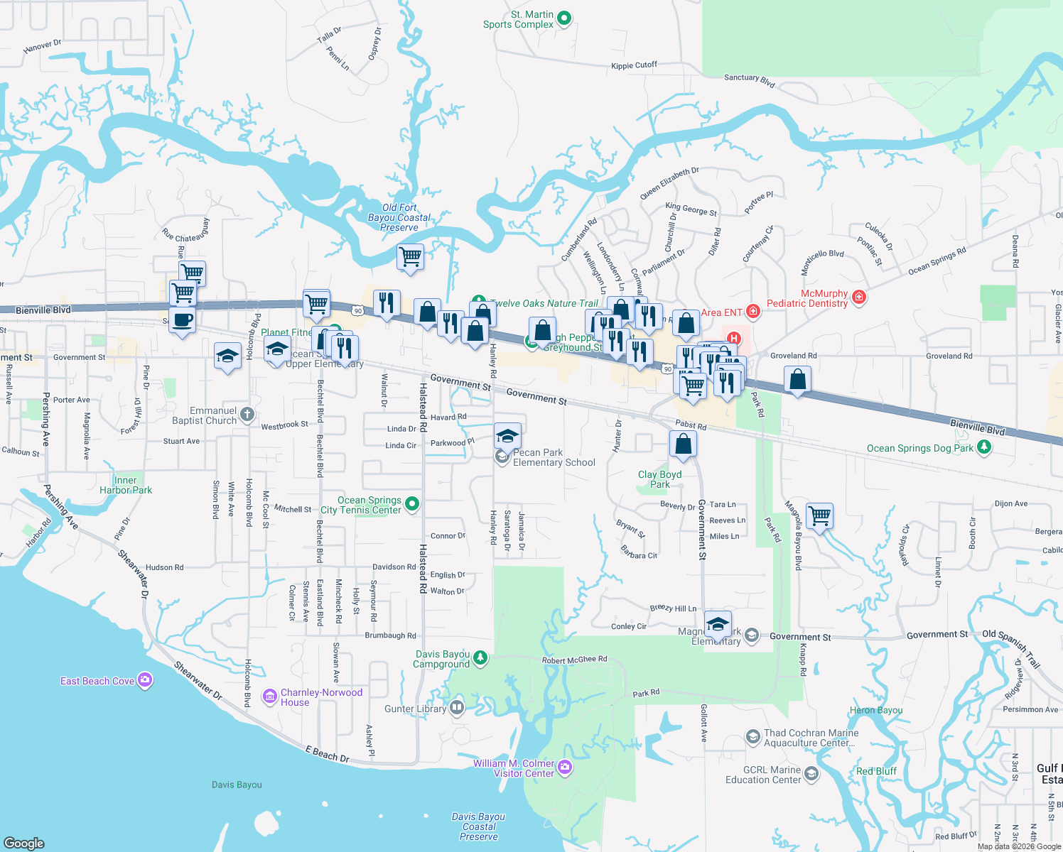 map of restaurants, bars, coffee shops, grocery stores, and more near 139 Lafayette Circle in Ocean Springs