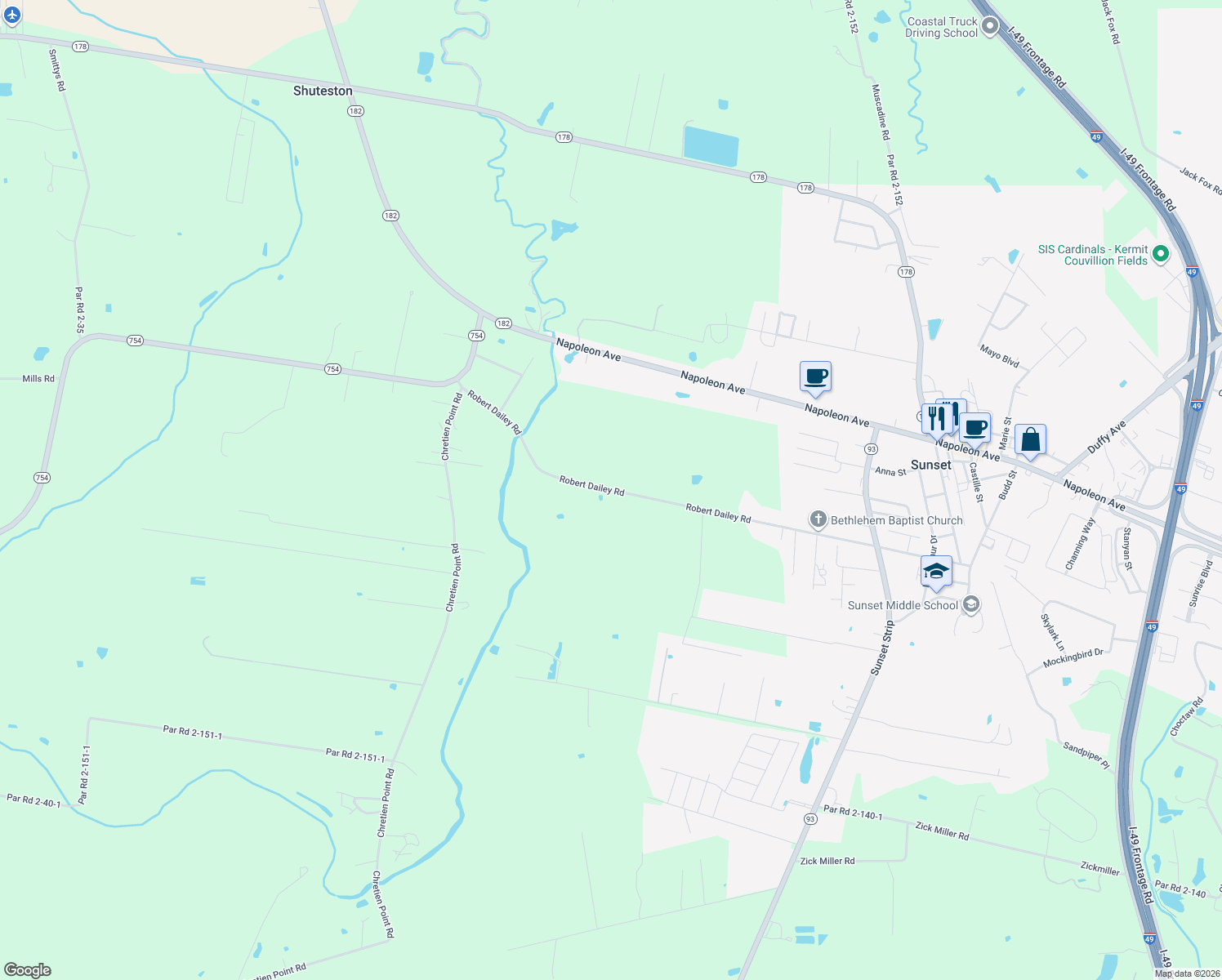 map of restaurants, bars, coffee shops, grocery stores, and more near Robert Dailey Road in Sunset