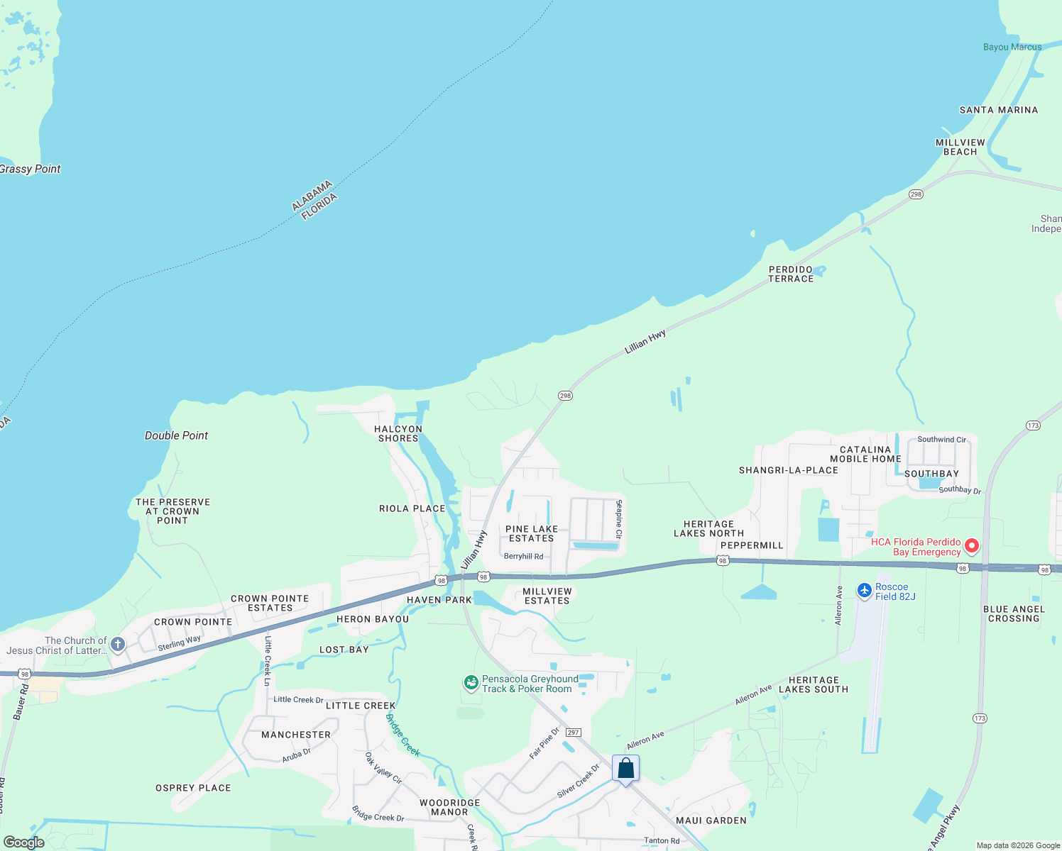 map of restaurants, bars, coffee shops, grocery stores, and more near 10770 Lillian Highway in Pensacola