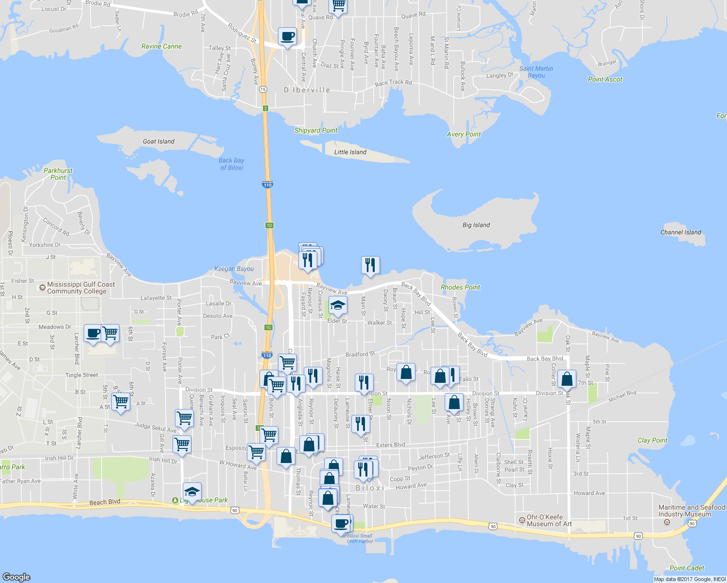map of restaurants, bars, coffee shops, grocery stores, and more near Bayview Avenue in Biloxi