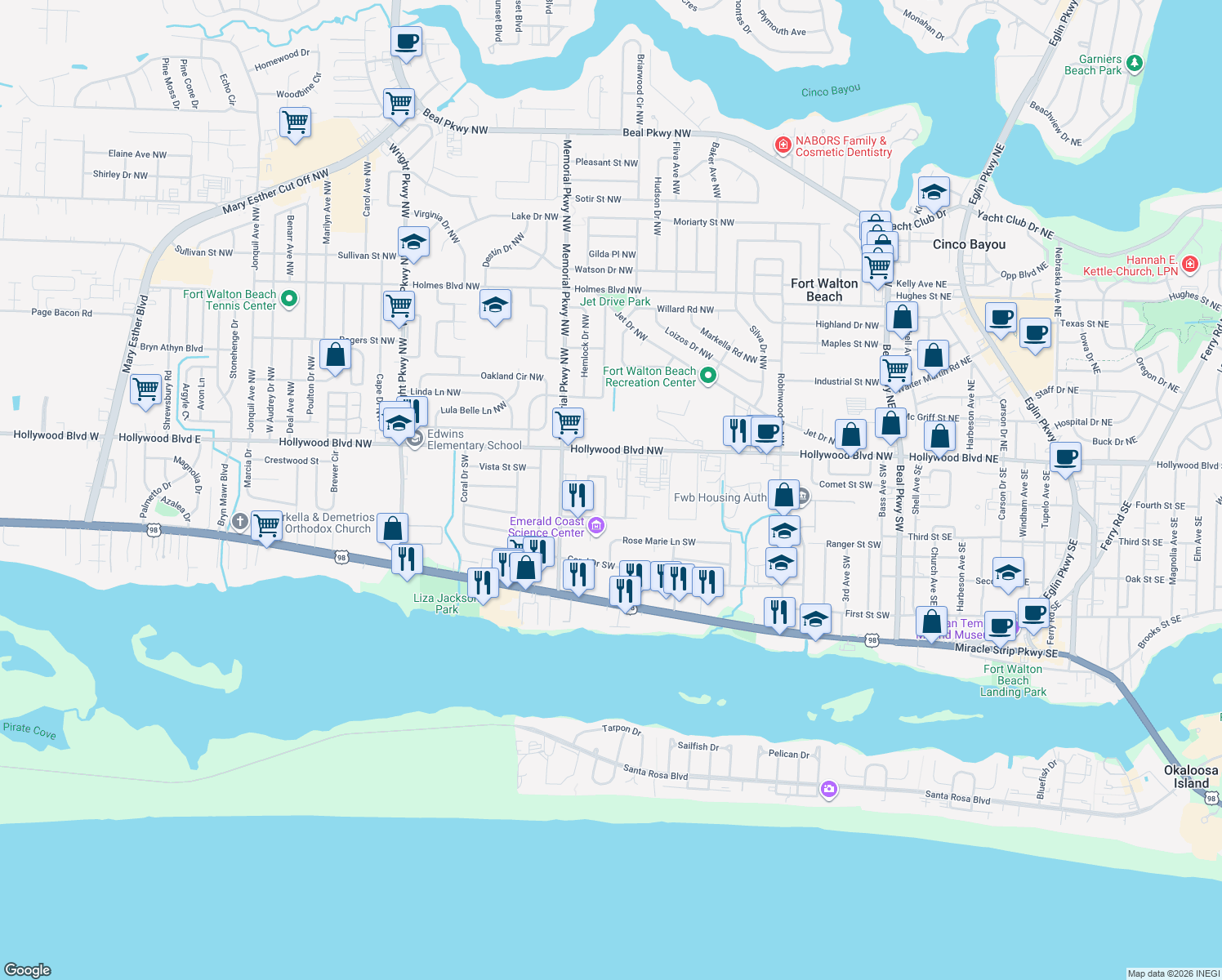 map of restaurants, bars, coffee shops, grocery stores, and more near 207 Deluna Road Southwest in Fort Walton Beach