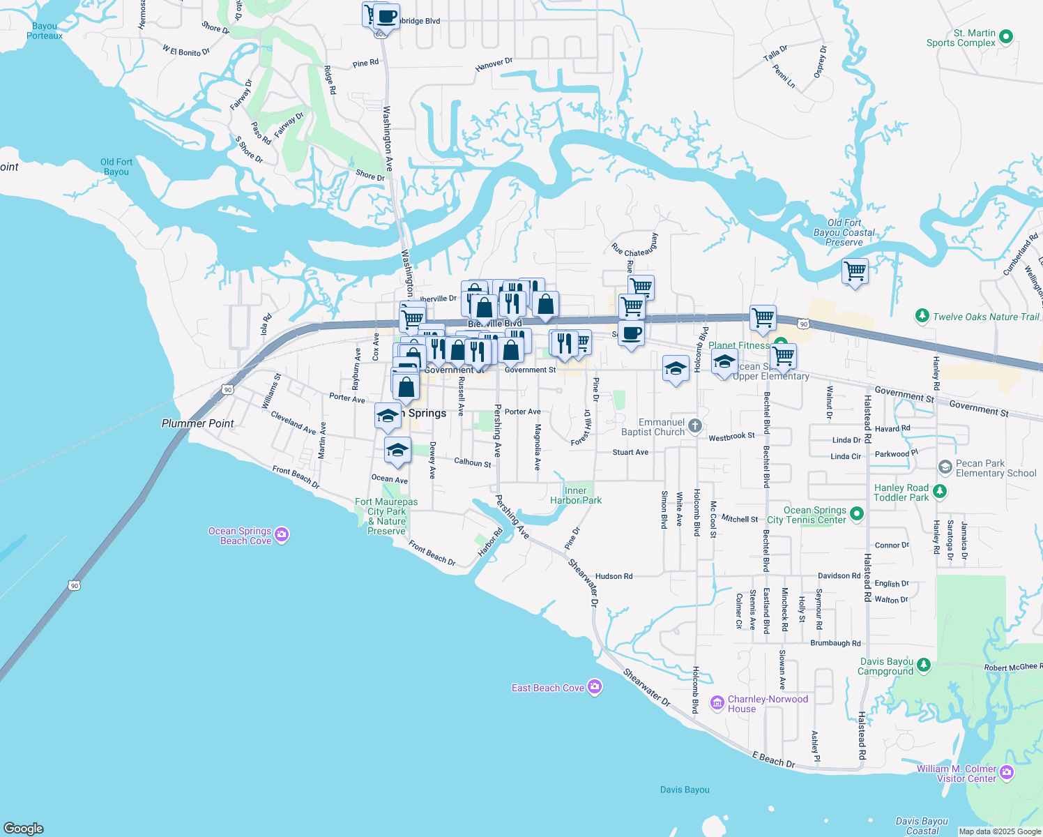 map of restaurants, bars, coffee shops, grocery stores, and more near 518 Ward Ave in Ocean Springs