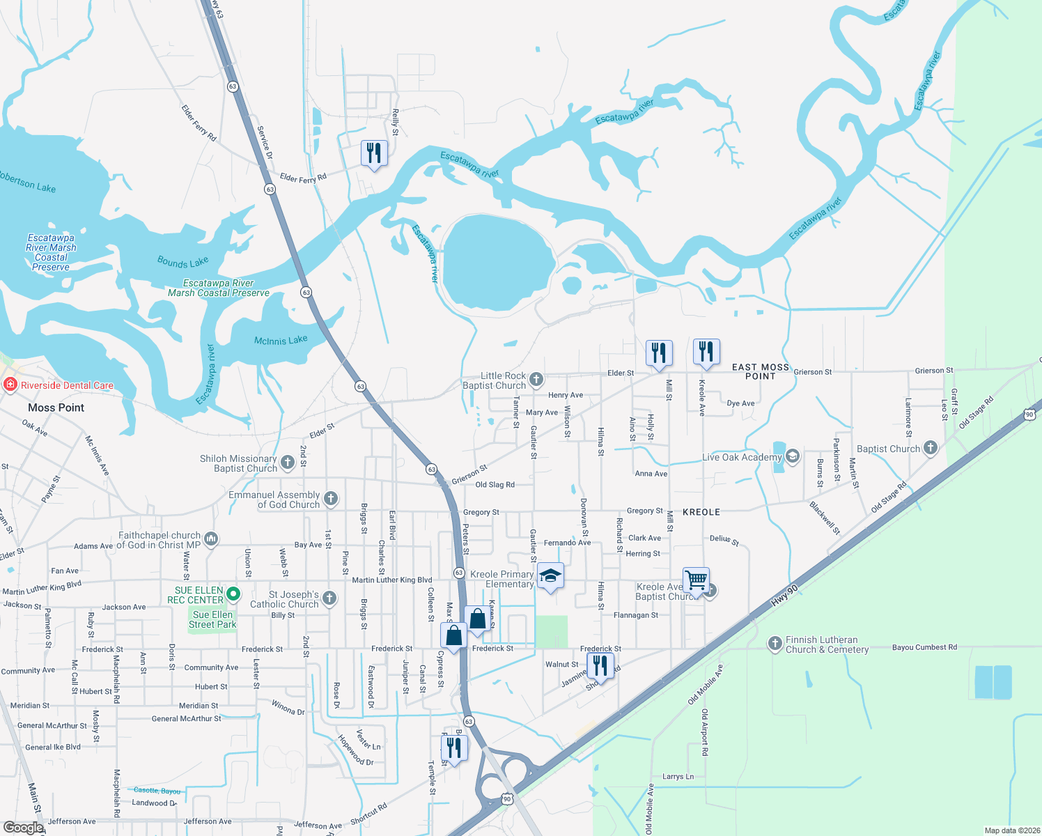 map of restaurants, bars, coffee shops, grocery stores, and more near 4818 Tanner Street in Moss Point