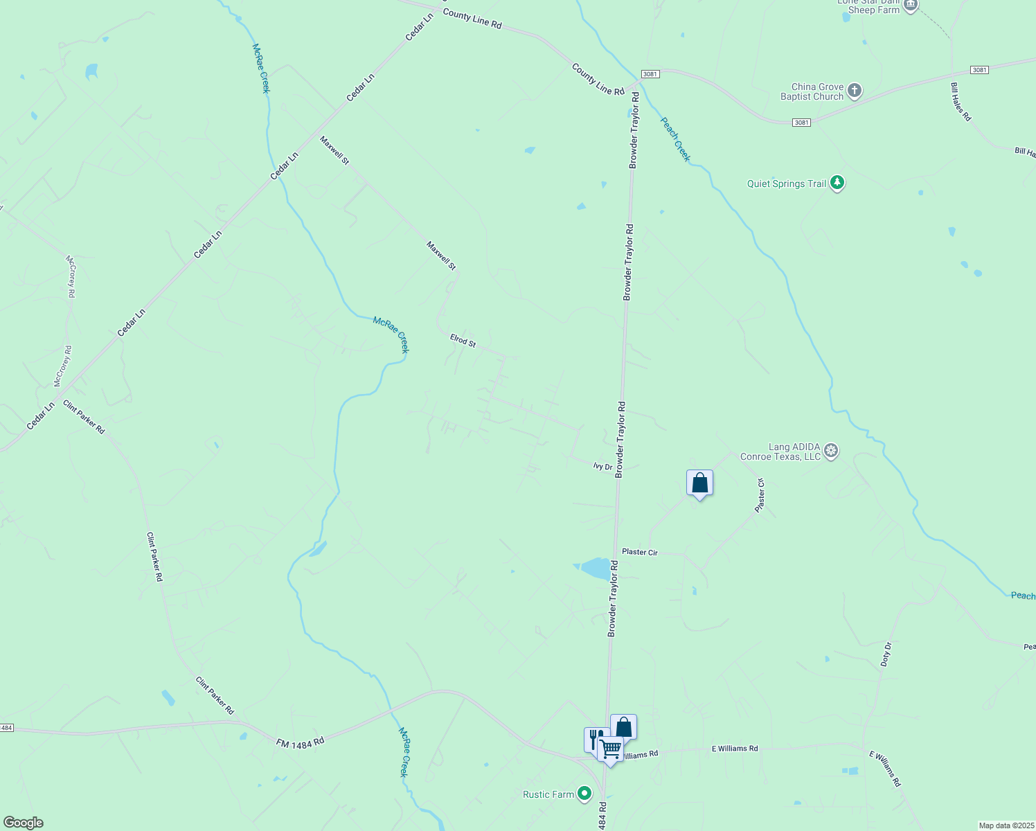 map of restaurants, bars, coffee shops, grocery stores, and more near 12153 Ivy Drive in Conroe
