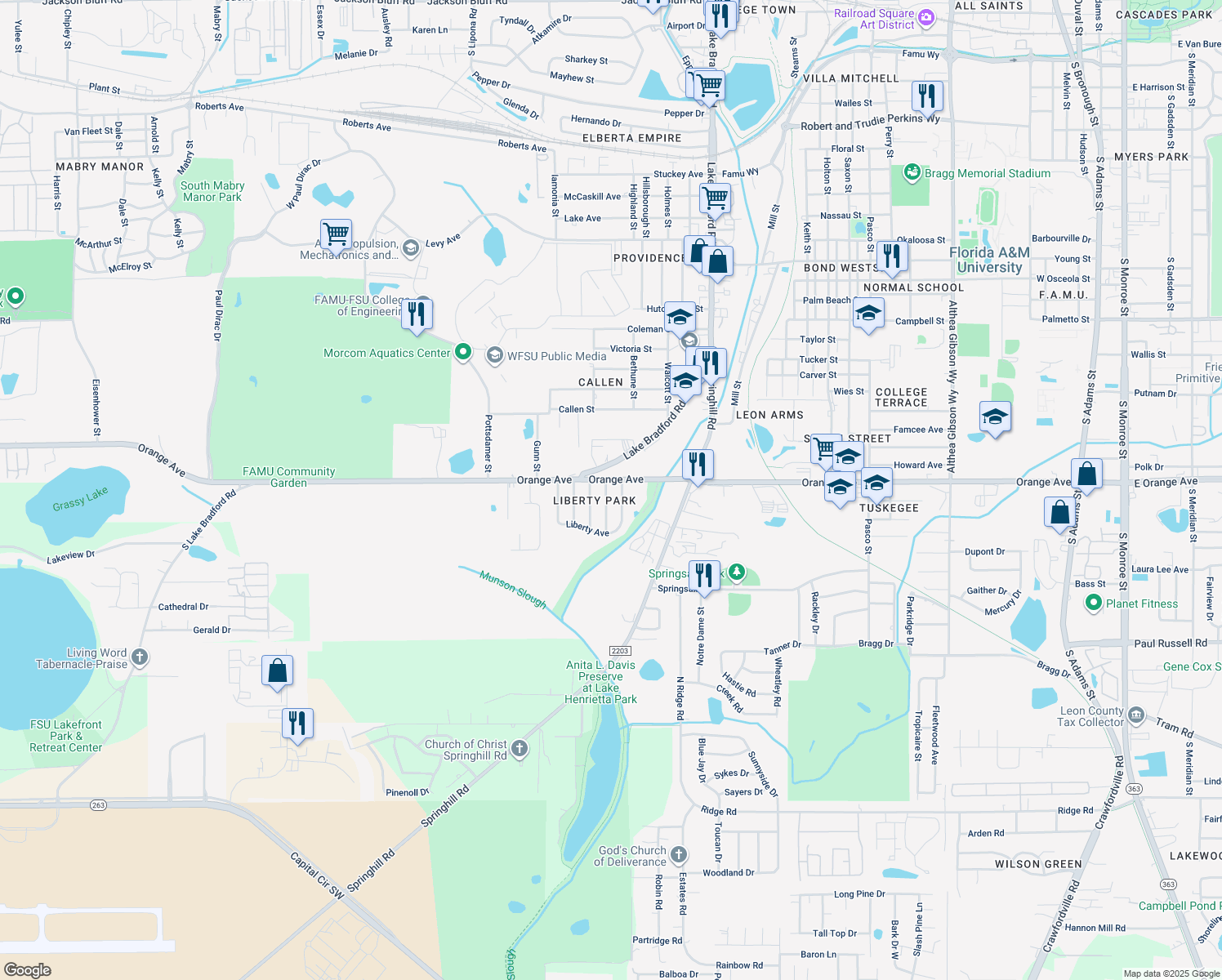 map of restaurants, bars, coffee shops, grocery stores, and more near 2705 Lake Henrietta Street in Tallahassee