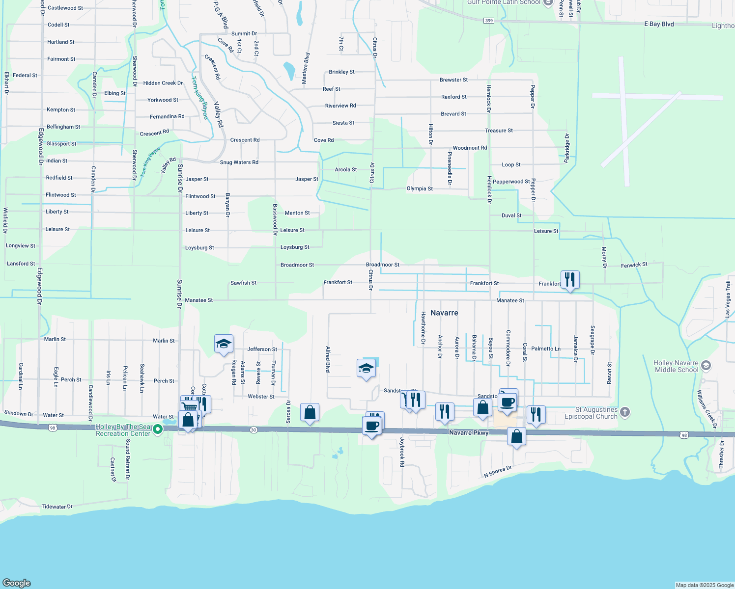 map of restaurants, bars, coffee shops, grocery stores, and more near 7272 Manatee Street in Navarre