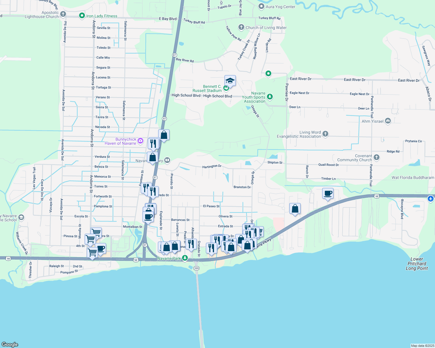 map of restaurants, bars, coffee shops, grocery stores, and more near 2166 Chatsworth Drive in Navarre