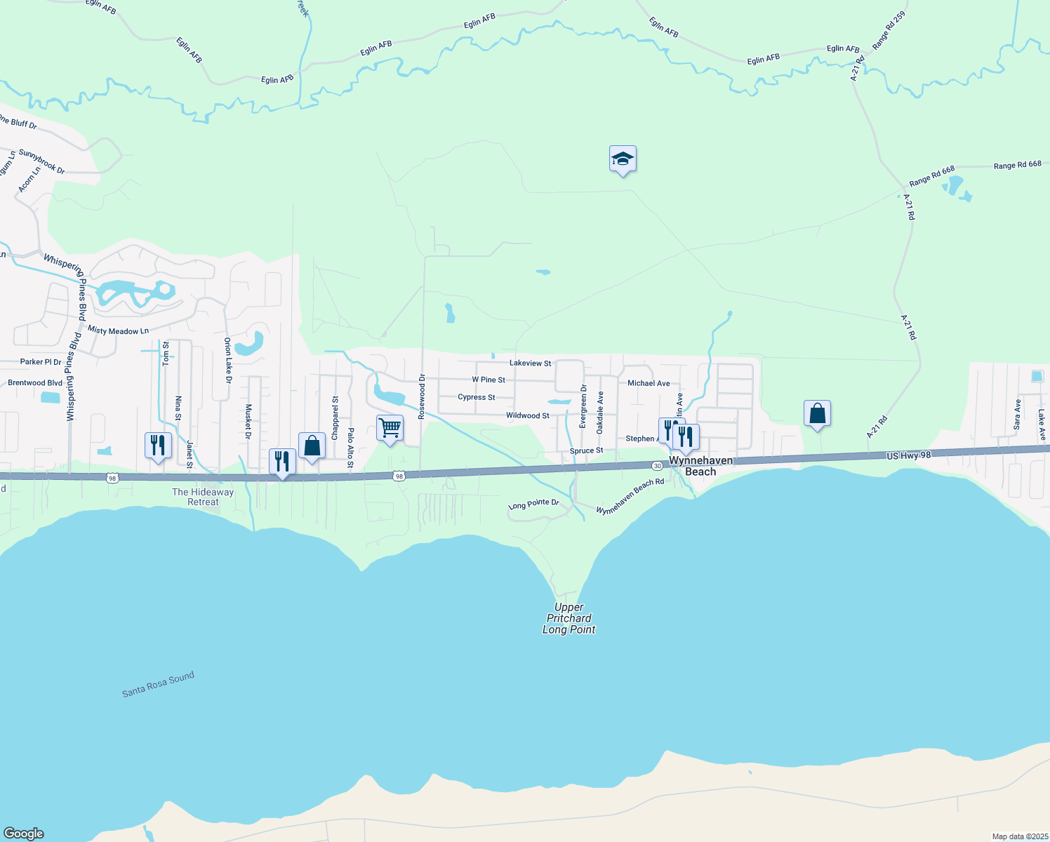 map of restaurants, bars, coffee shops, grocery stores, and more near 417 Wildwood St in Mary Esther