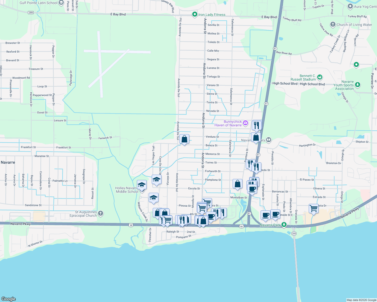 map of restaurants, bars, coffee shops, grocery stores, and more near 8110 Menorca Street in Navarre
