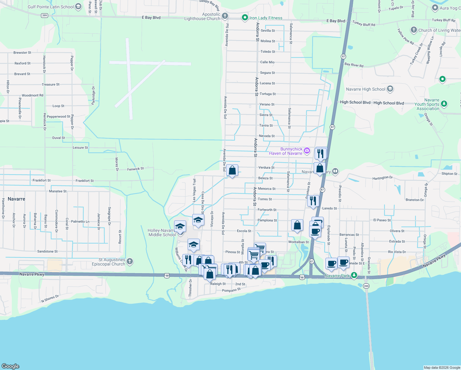 map of restaurants, bars, coffee shops, grocery stores, and more near 8104 Menorca Street in Navarre