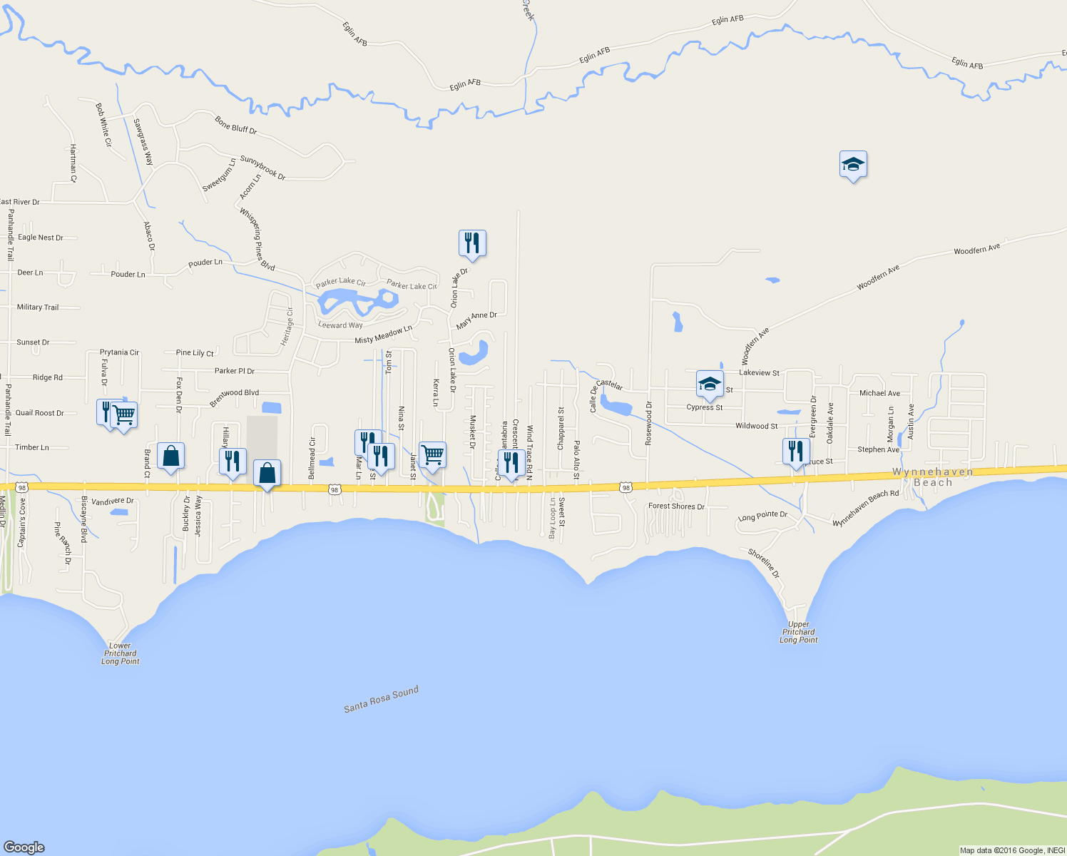 map of restaurants, bars, coffee shops, grocery stores, and more near 2192 Wind Trace Road North in Navarre