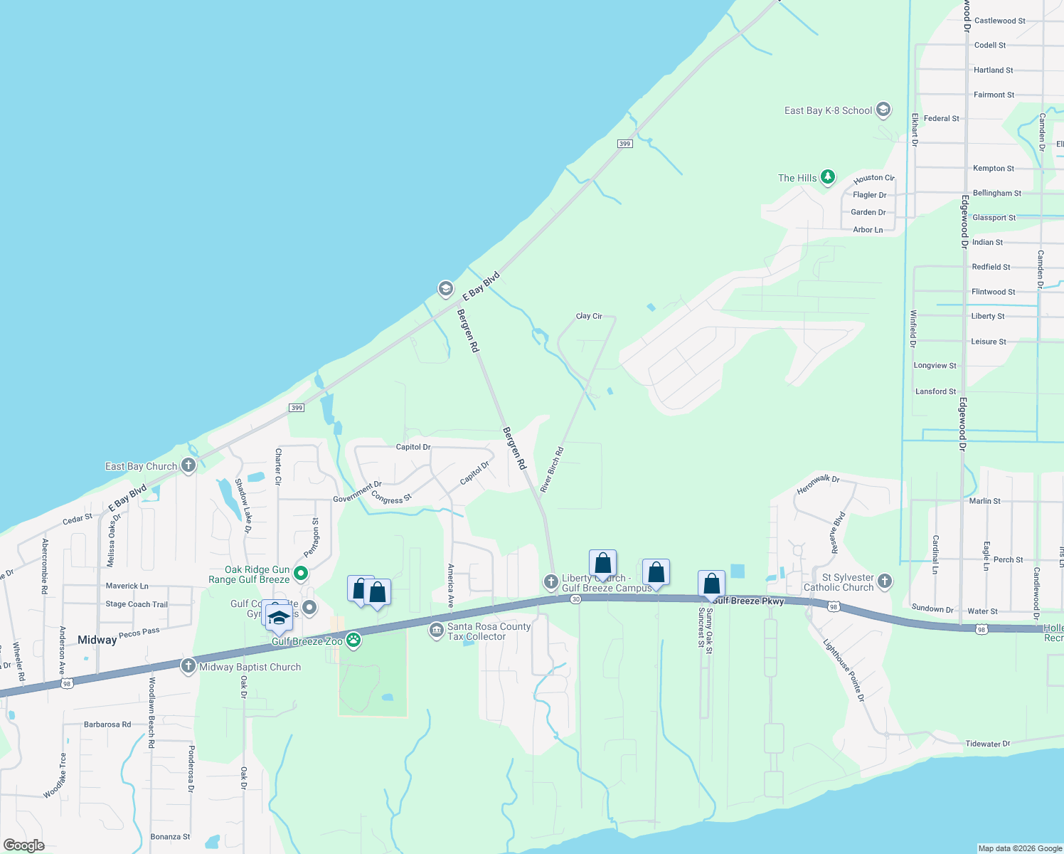 map of restaurants, bars, coffee shops, grocery stores, and more near 2081 River Birch Road in Gulf Breeze
