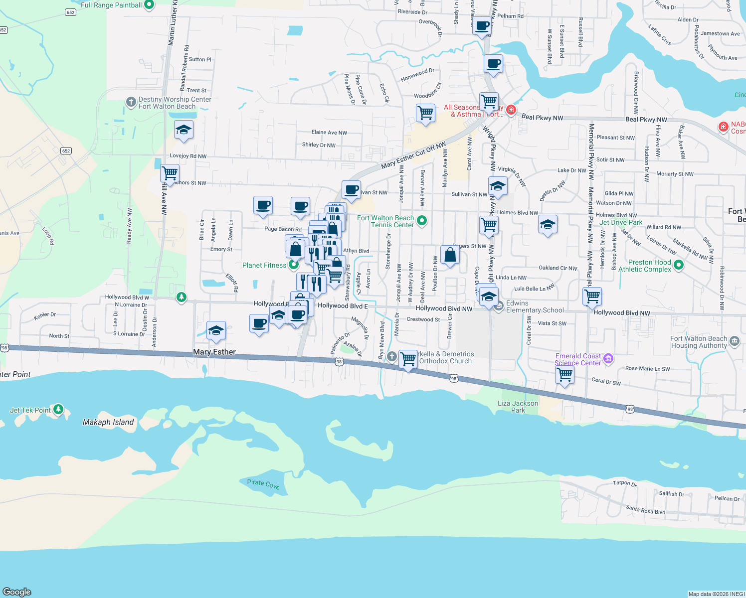 map of restaurants, bars, coffee shops, grocery stores, and more near 245 Argyle Ct in Mary Esther