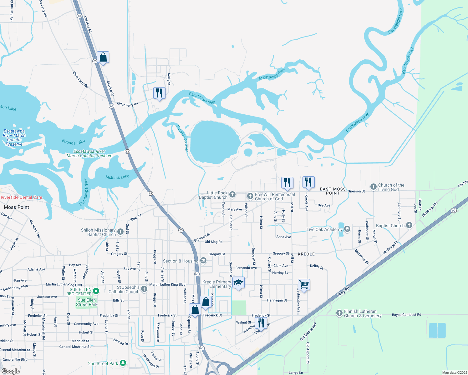 map of restaurants, bars, coffee shops, grocery stores, and more near 5013 Pecan Street in Moss Point