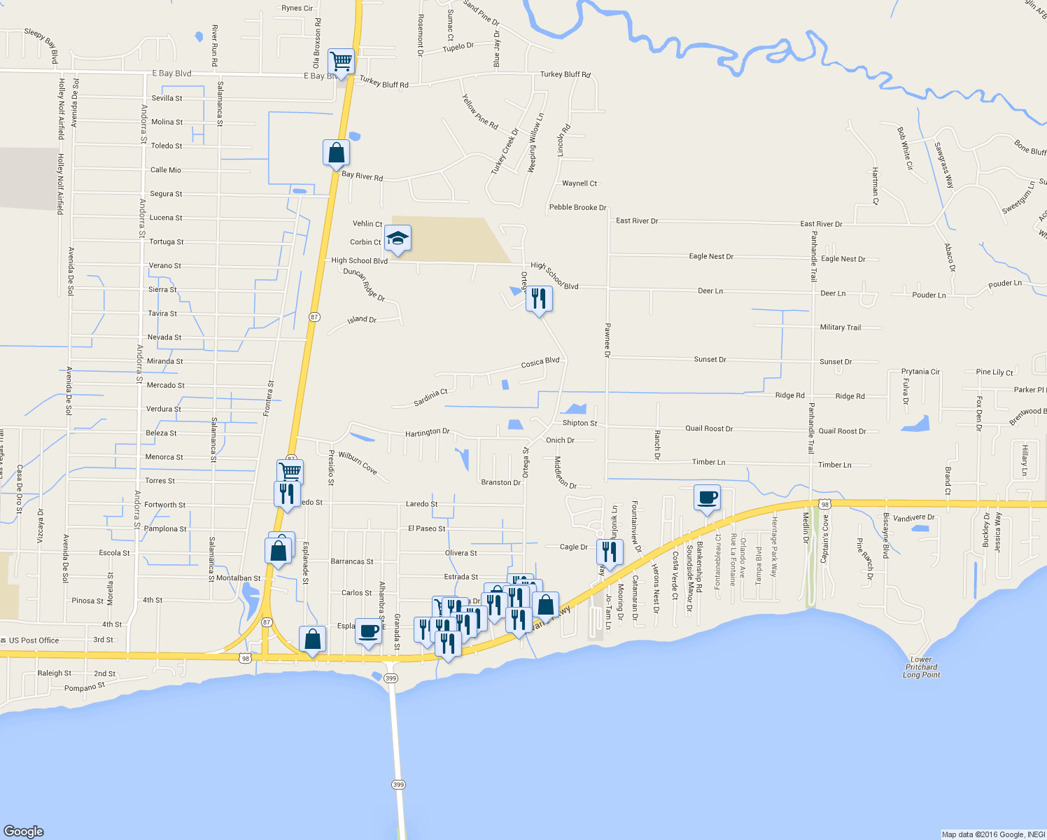 map of restaurants, bars, coffee shops, grocery stores, and more near 8270 Hazelgrove Court in Navarre