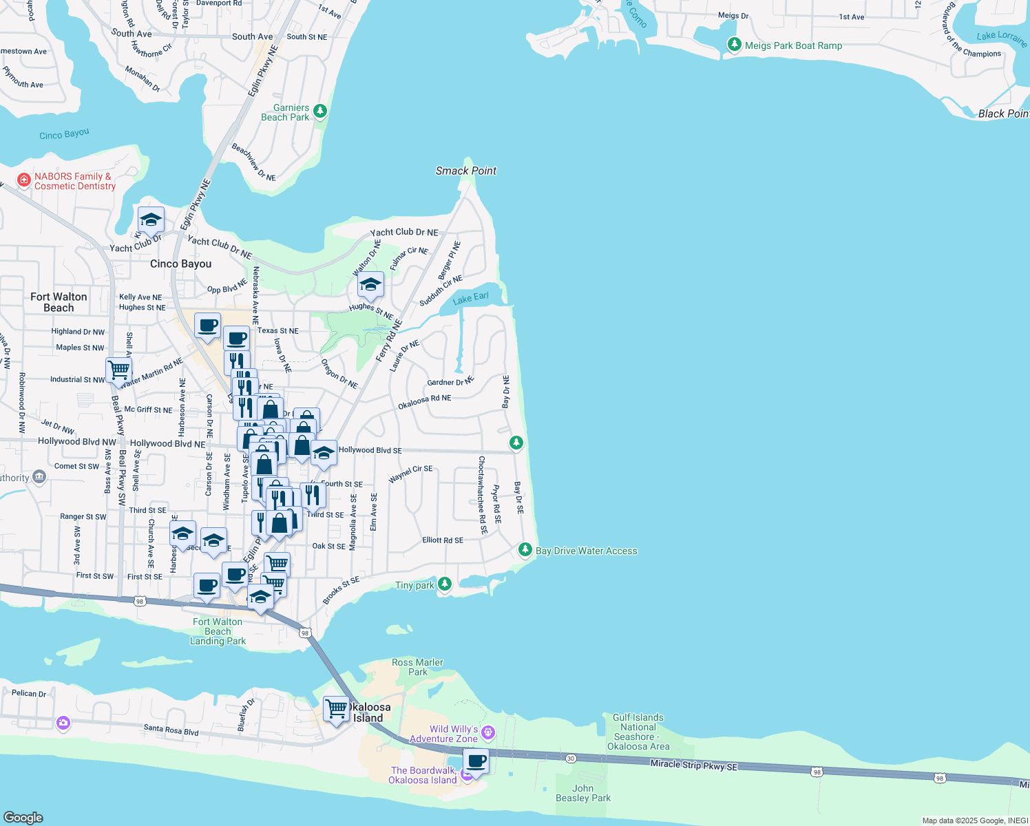 map of restaurants, bars, coffee shops, grocery stores, and more near 15 Bay Drive Northeast in Fort Walton Beach