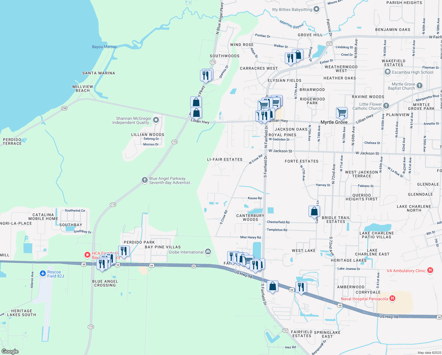 map of restaurants, bars, coffee shops, grocery stores, and more near 409 Belle Chasse Way in Pensacola