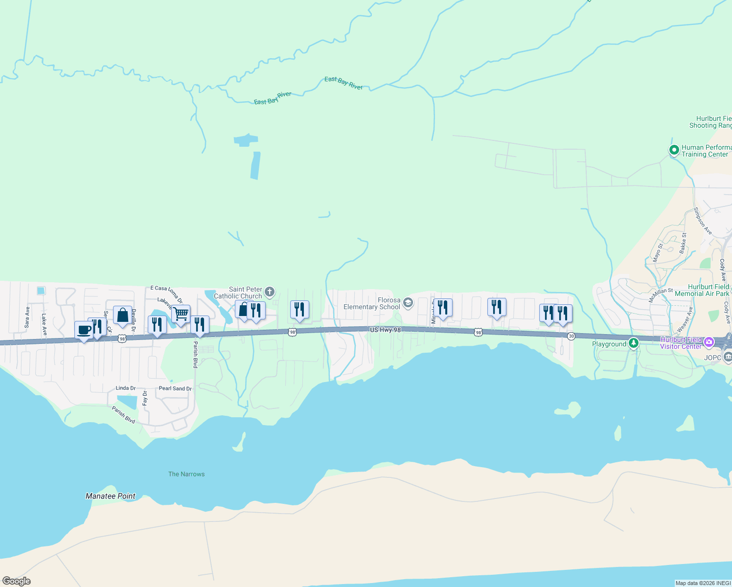 map of restaurants, bars, coffee shops, grocery stores, and more near 1021 Pinetree Road in Mary Esther