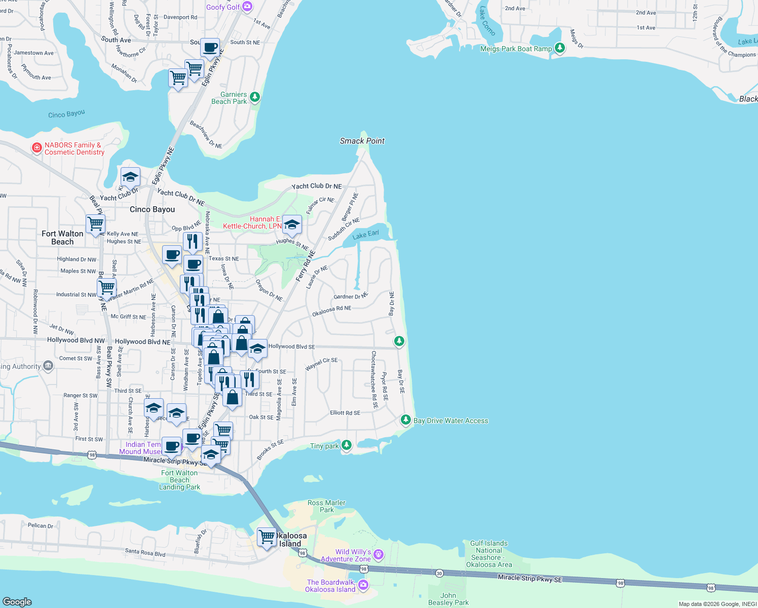 map of restaurants, bars, coffee shops, grocery stores, and more near 372 Okaloosa Road Northeast in Fort Walton Beach