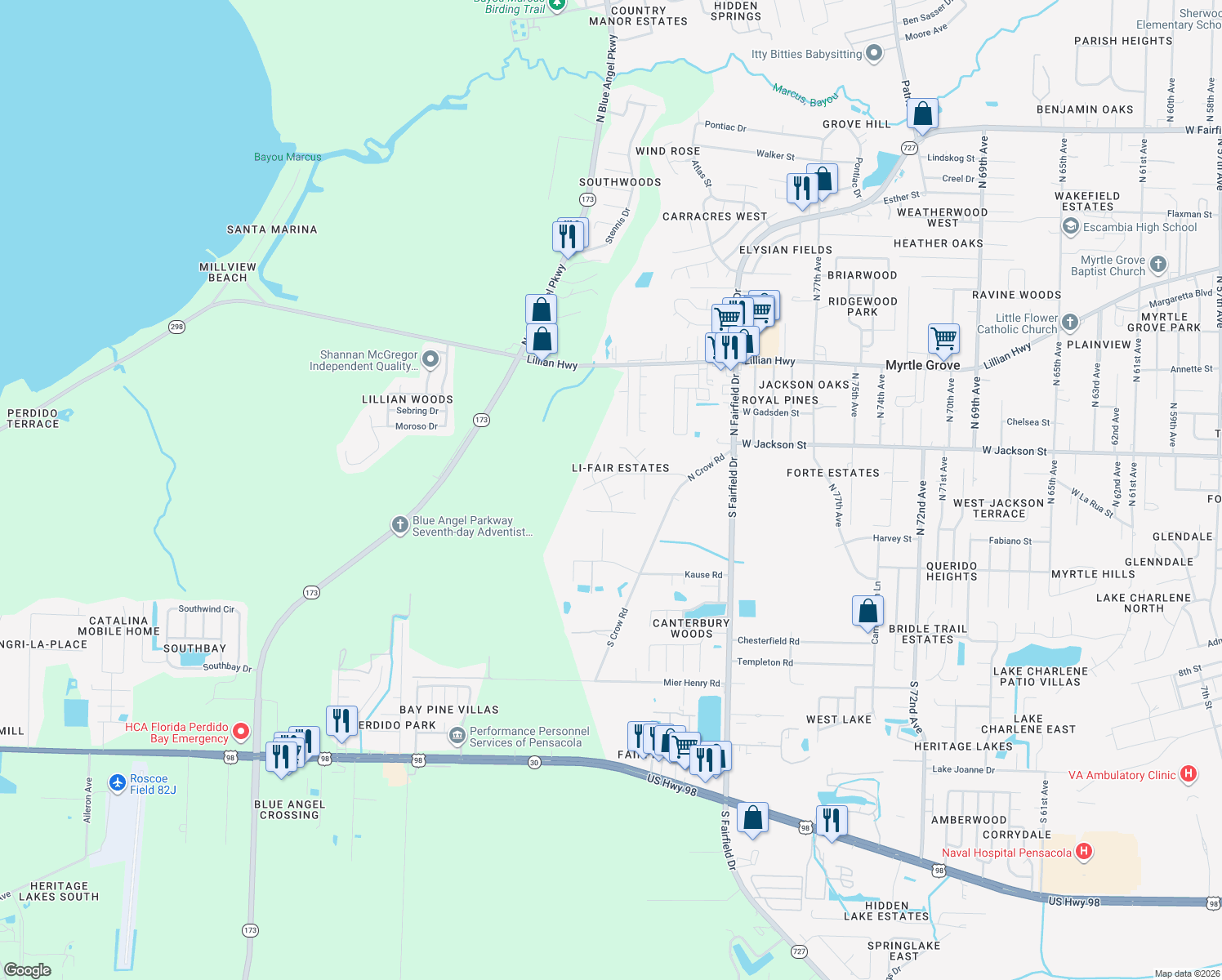 map of restaurants, bars, coffee shops, grocery stores, and more near 444 Belle Chasse Drive in Pensacola
