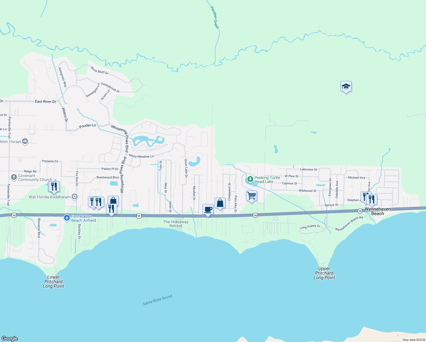 map of restaurants, bars, coffee shops, grocery stores, and more near 2260 Crescent Wood Road in Navarre