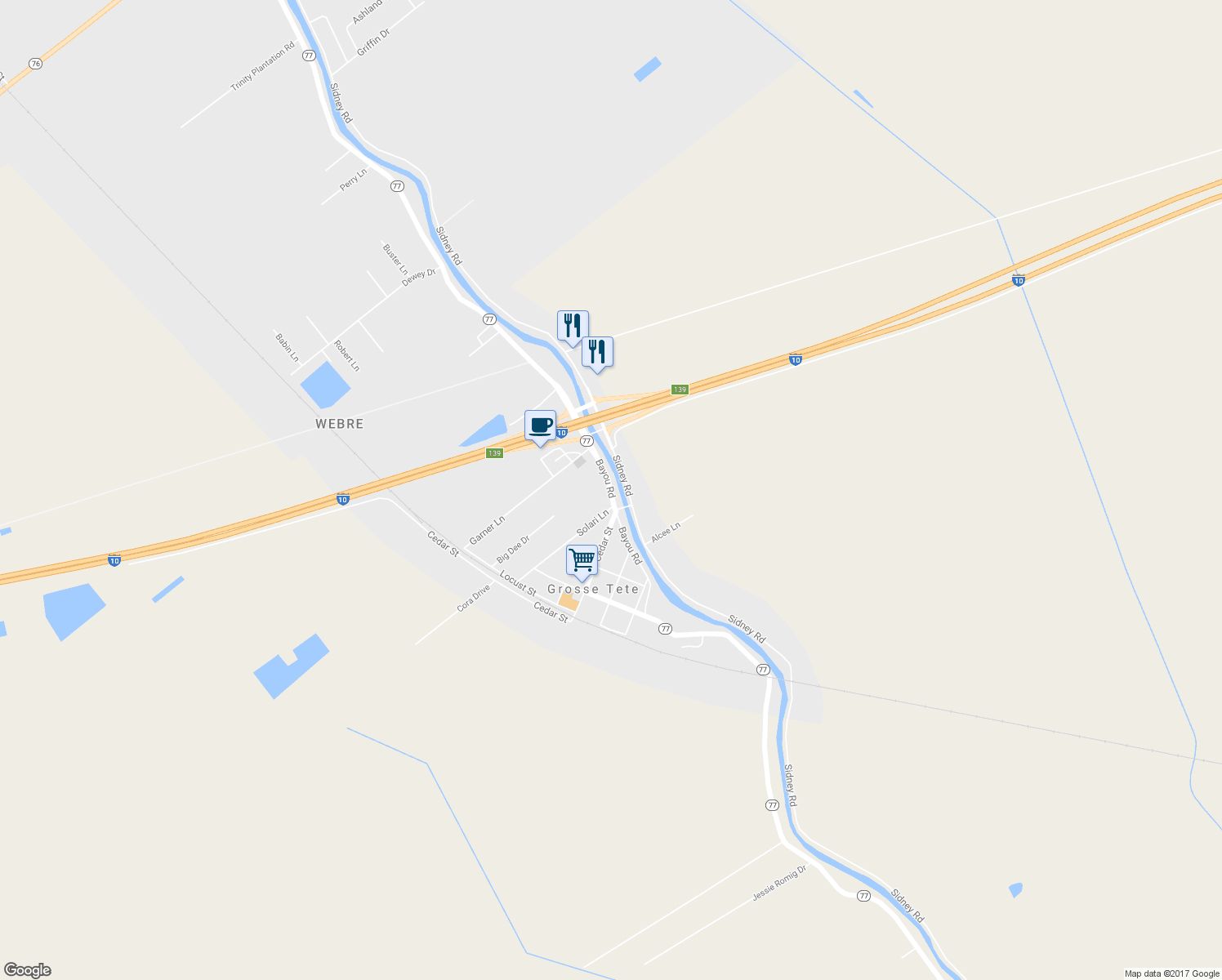 map of restaurants, bars, coffee shops, grocery stores, and more near 17835 Louisiana 77 in Grosse Tete