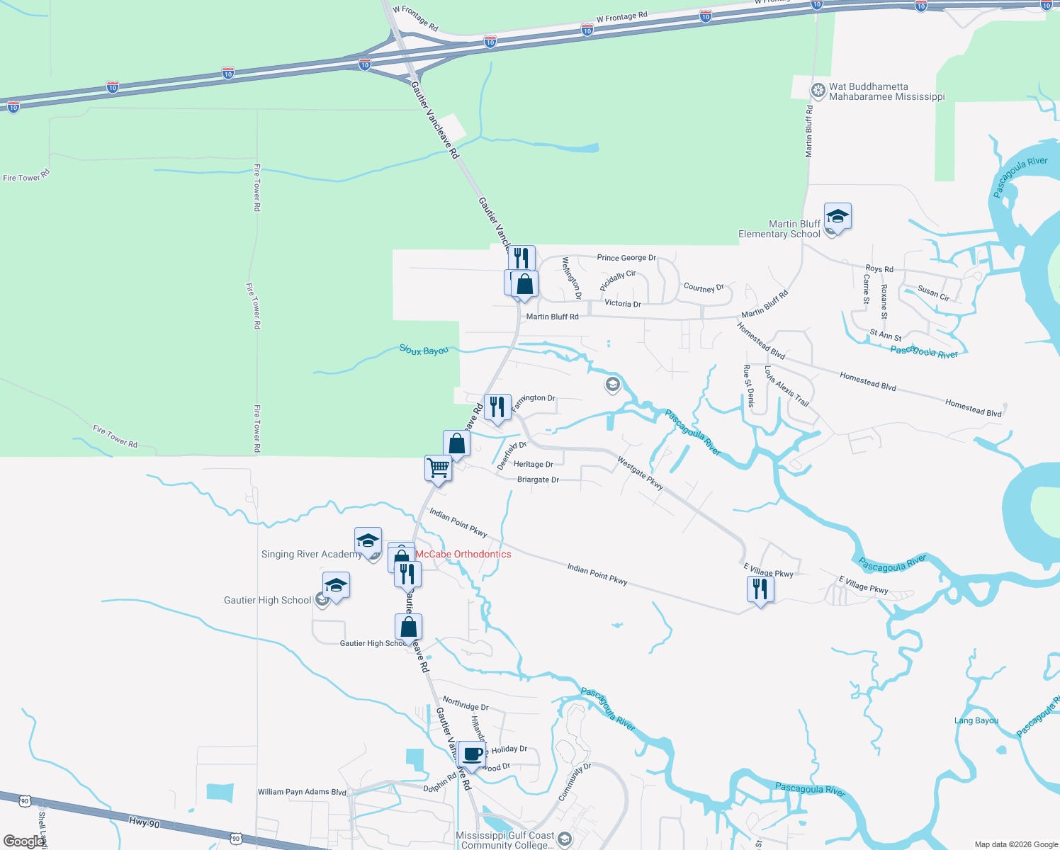 map of restaurants, bars, coffee shops, grocery stores, and more near 2408 Westgate Pkwy in Gautier