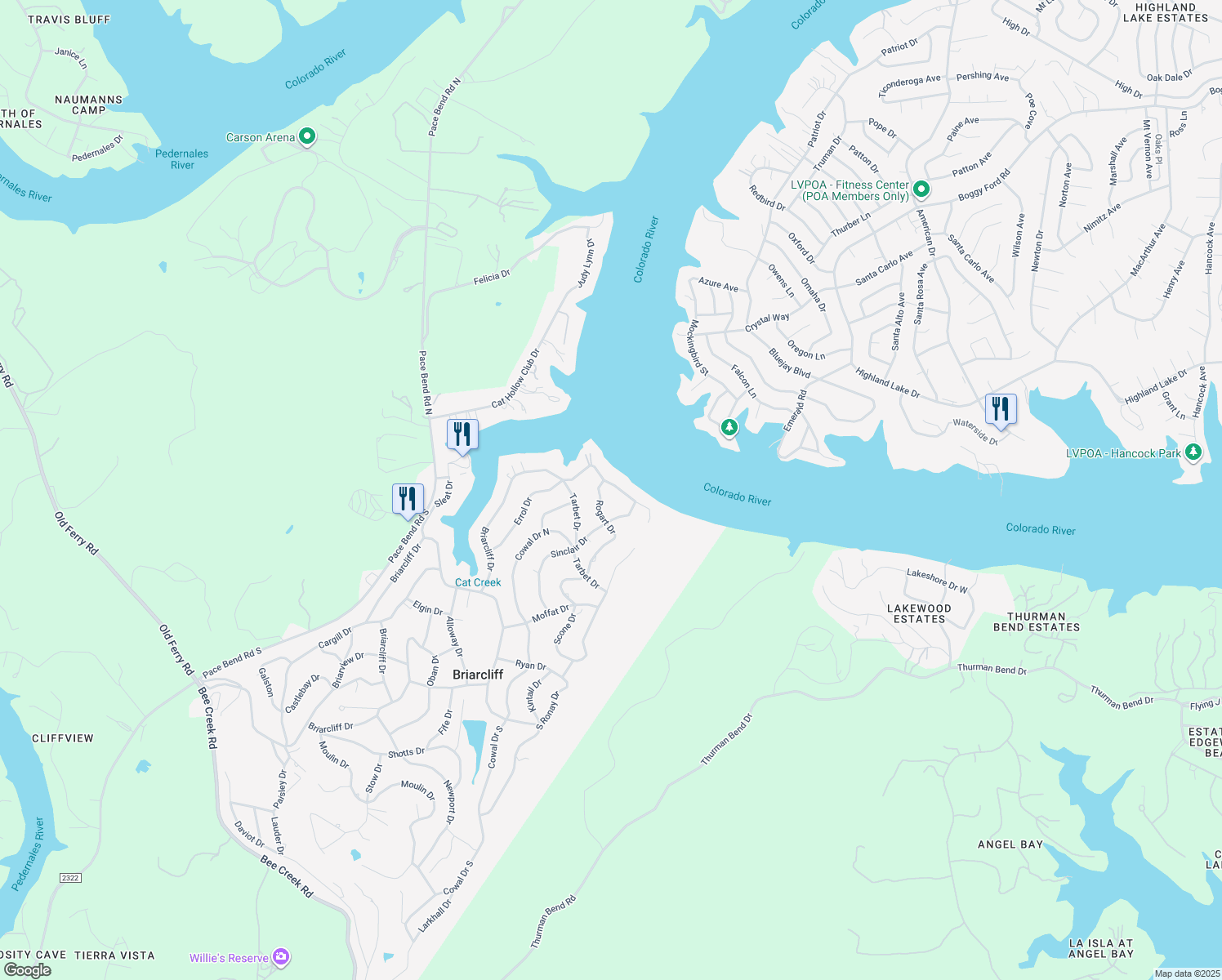map of restaurants, bars, coffee shops, grocery stores, and more near 21825 Briarcliff Drive in Briarcliff