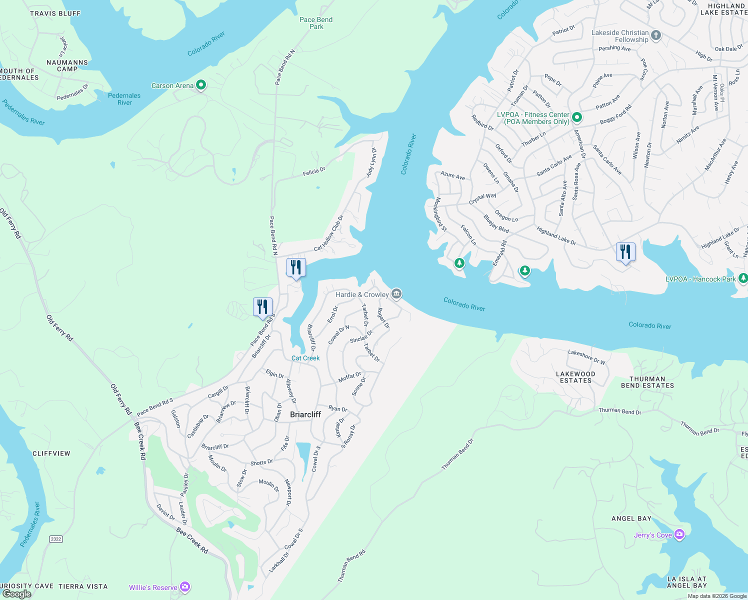 map of restaurants, bars, coffee shops, grocery stores, and more near 706 Rogart Dr in Briarcliff