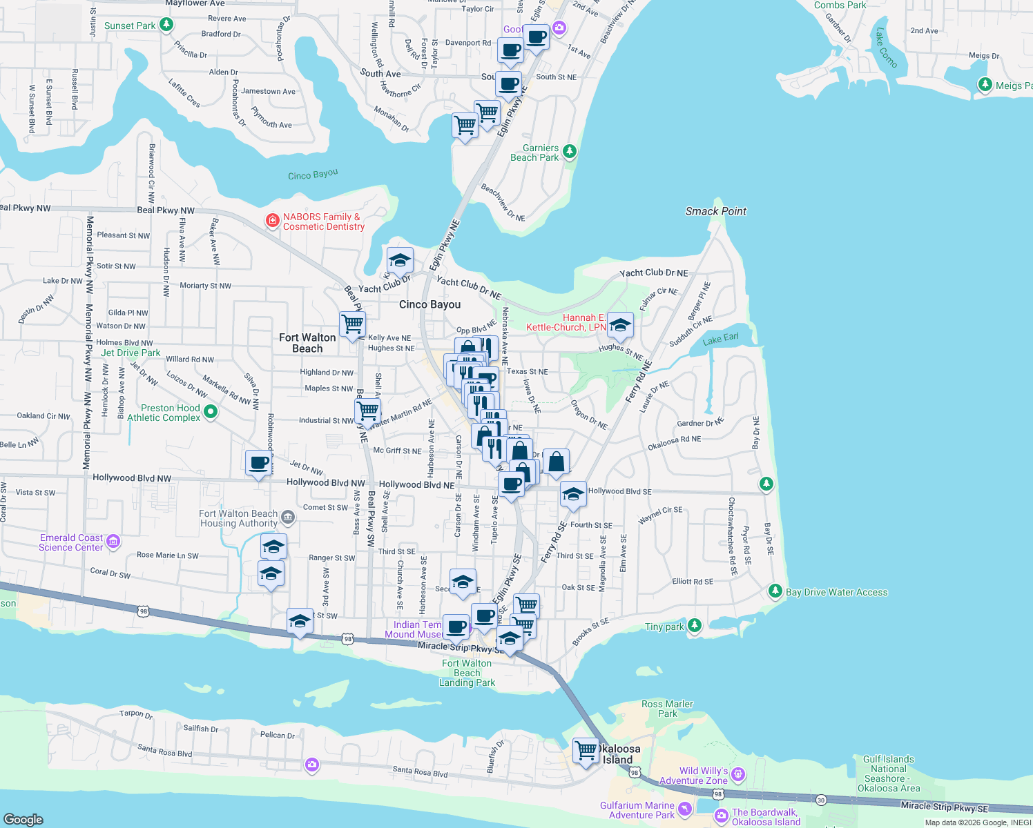 map of restaurants, bars, coffee shops, grocery stores, and more near 126 California Drive Northeast in Fort Walton Beach