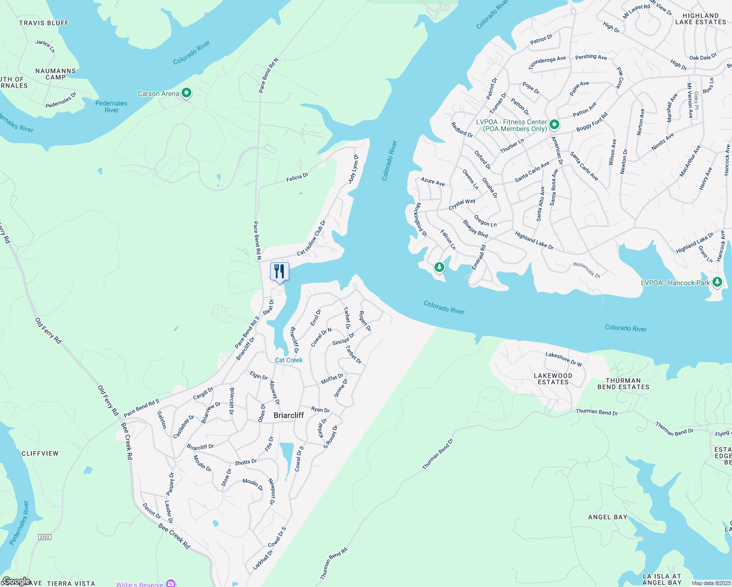 map of restaurants, bars, coffee shops, grocery stores, and more near 21902 Briarcliff Drive in Spicewood