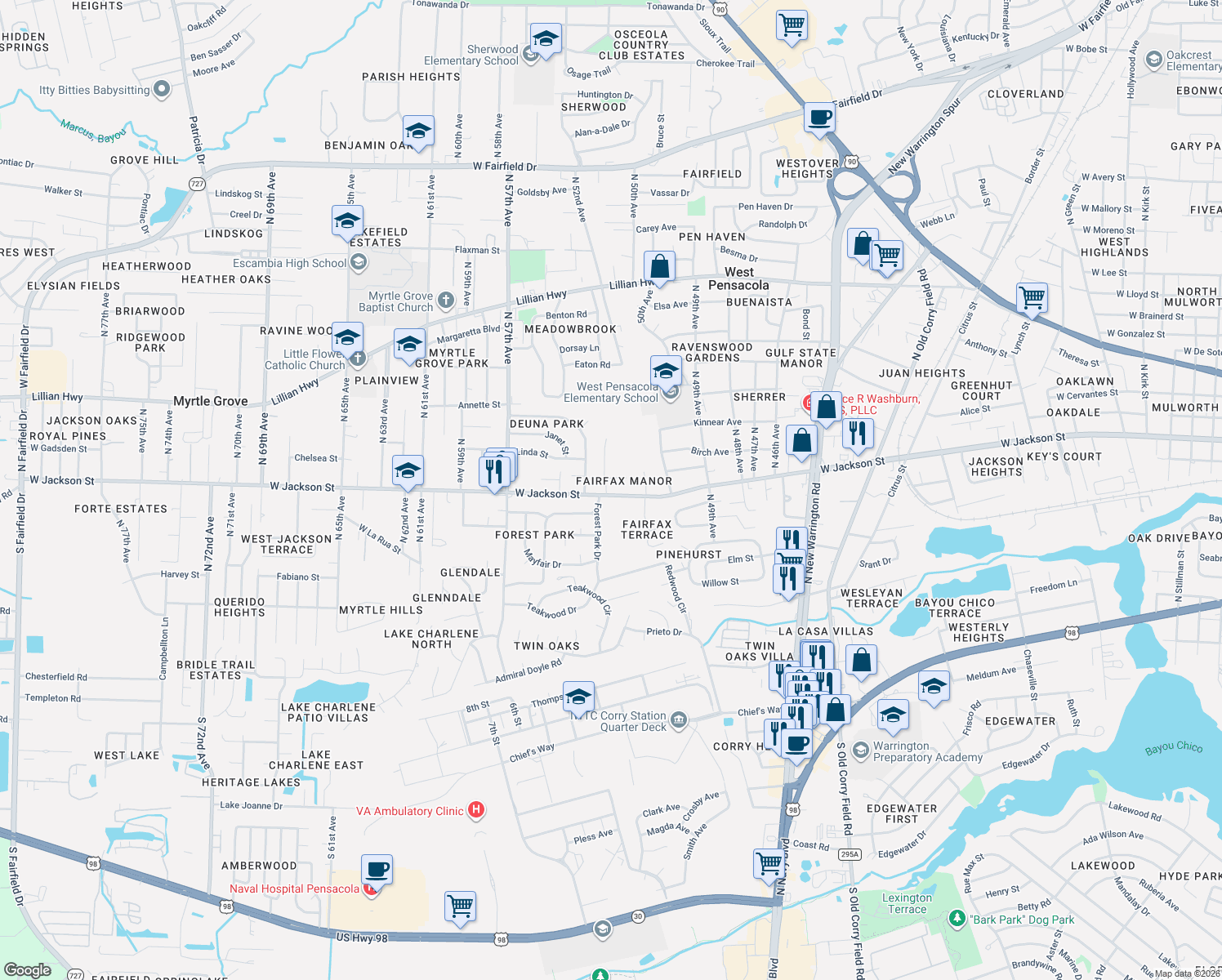 map of restaurants, bars, coffee shops, grocery stores, and more near 600 Edgecliff Drive in Pensacola