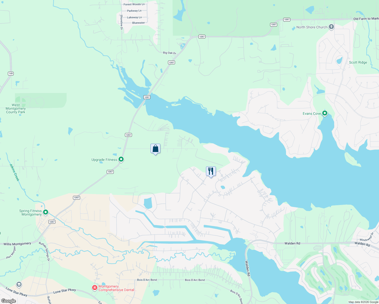 map of restaurants, bars, coffee shops, grocery stores, and more near 19953 Peel Rd in Montgomery