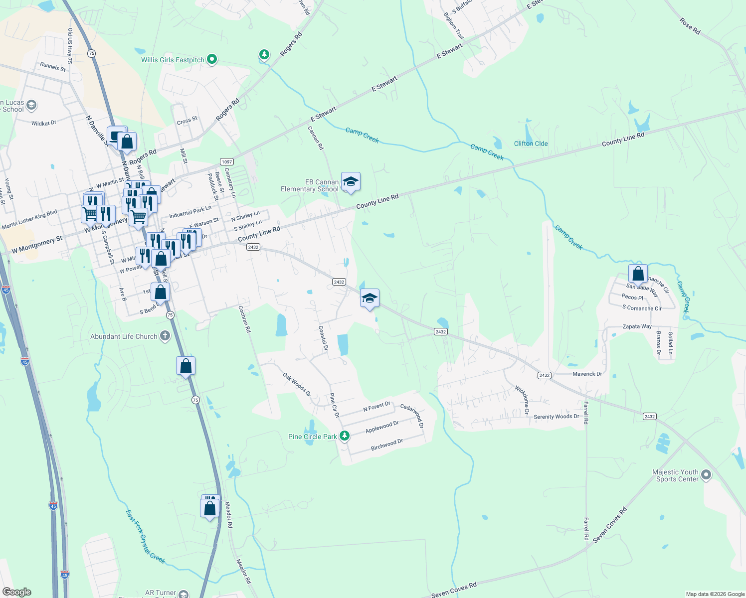 map of restaurants, bars, coffee shops, grocery stores, and more near 13210 Farm-To-Market 2432 in Willis