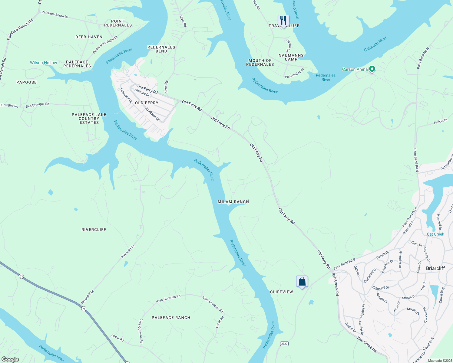 map of restaurants, bars, coffee shops, grocery stores, and more near 23705 Old Ferry Road in Spicewood