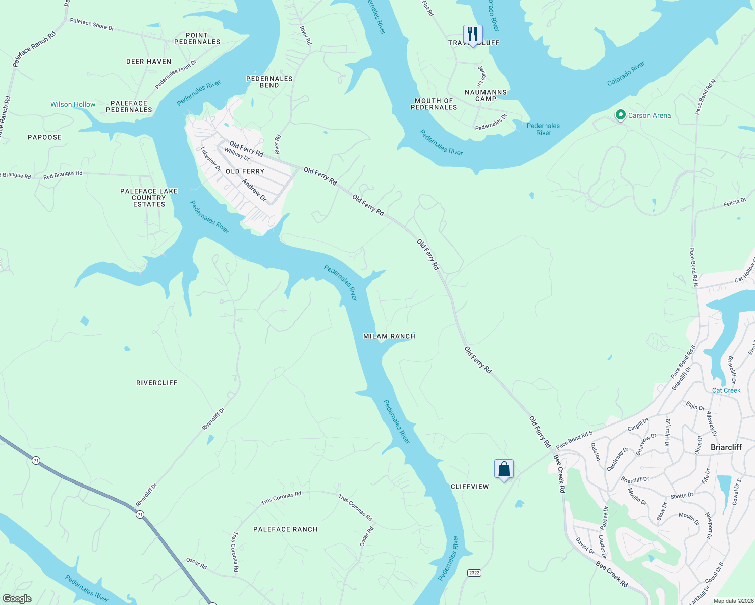 map of restaurants, bars, coffee shops, grocery stores, and more near 23705 Old Ferry Road in Spicewood