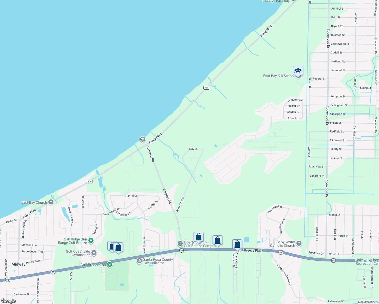 map of restaurants, bars, coffee shops, grocery stores, and more near 6043 Clay Circle in Gulf Breeze