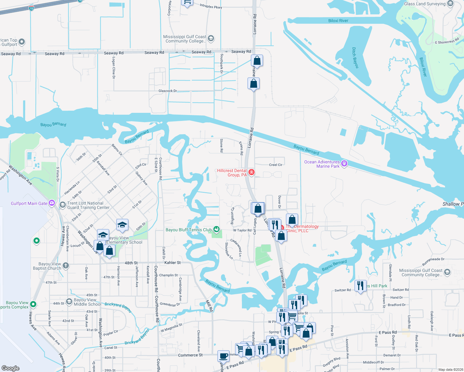 map of restaurants, bars, coffee shops, grocery stores, and more near 9189 Ashburn Ln in Gulfport