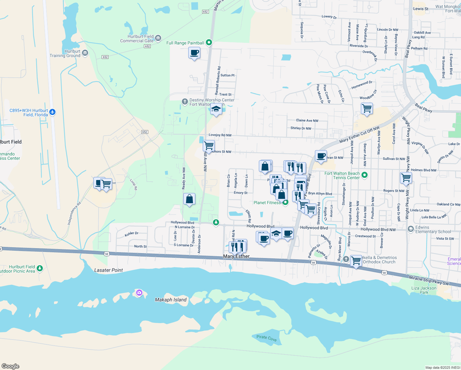 map of restaurants, bars, coffee shops, grocery stores, and more near 310 Brian Circle in Mary Esther