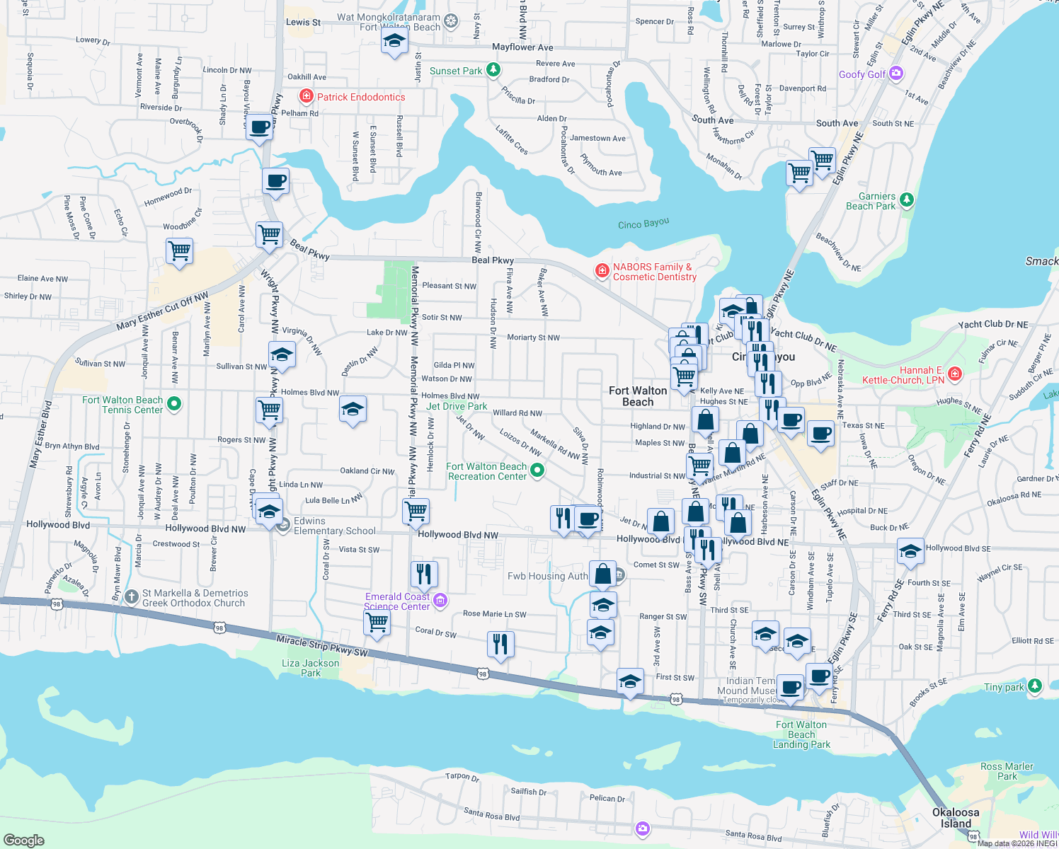 map of restaurants, bars, coffee shops, grocery stores, and more near 131 Markella Road Northwest in Fort Walton Beach