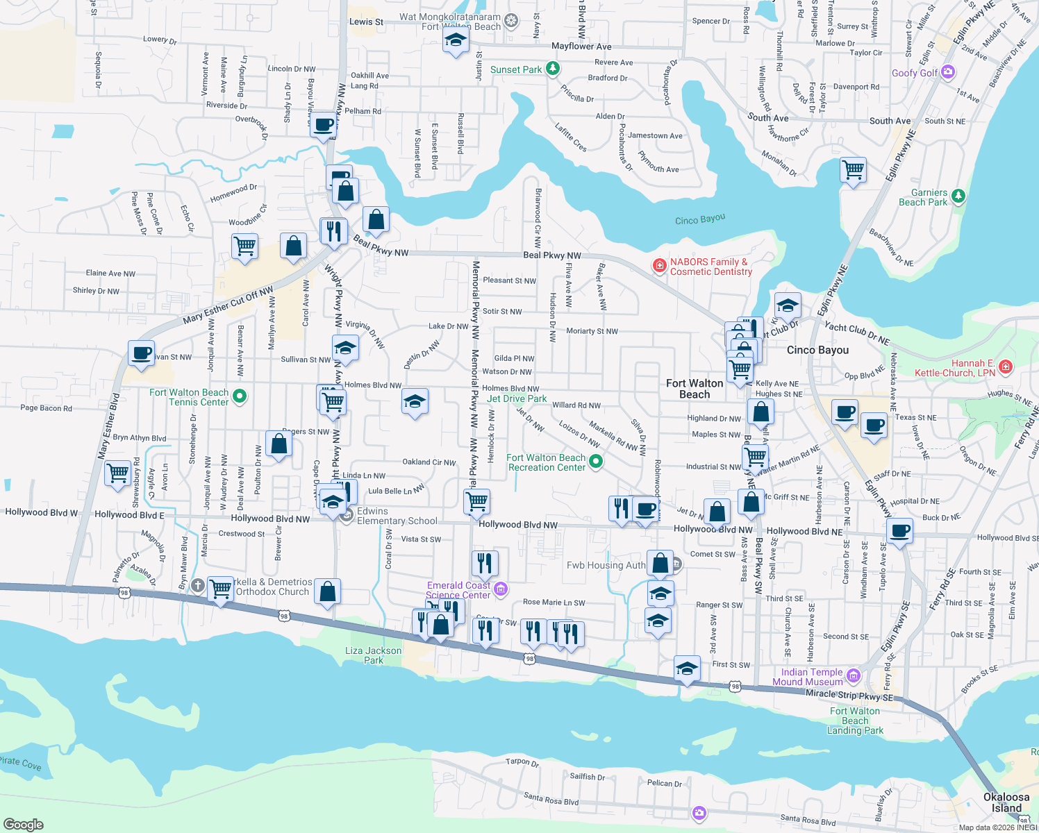 map of restaurants, bars, coffee shops, grocery stores, and more near 226 Jet Dr NW in Fort Walton Beach