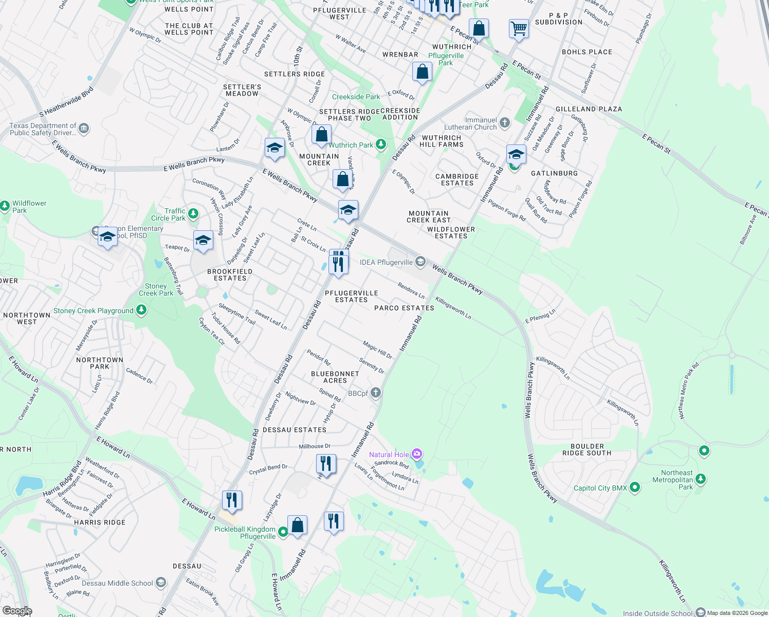 map of restaurants, bars, coffee shops, grocery stores, and more near 14802 Chicadee Circle in Pflugerville